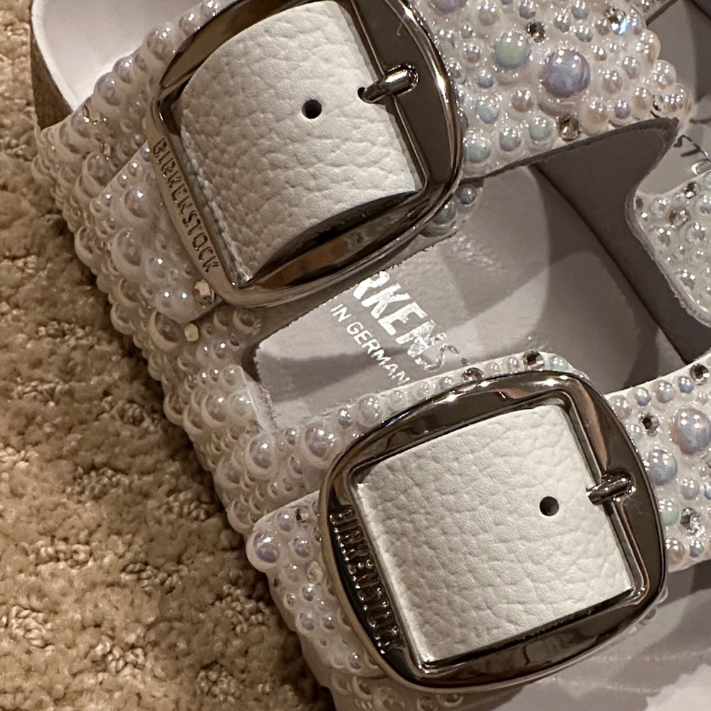 Birkenstock Customized Wedding Sandals in White with Pearl Accents - Picture 8 of 11